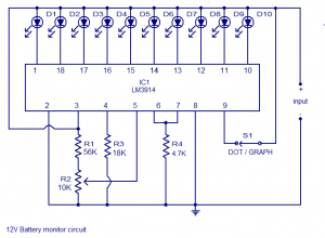 12V Battery Level Indicator Circuit using LM3914 IC