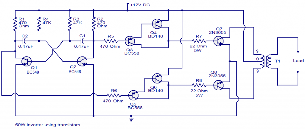 60W-100W, 12VDC to 220VAC Inverter using Transistors - Circuits99