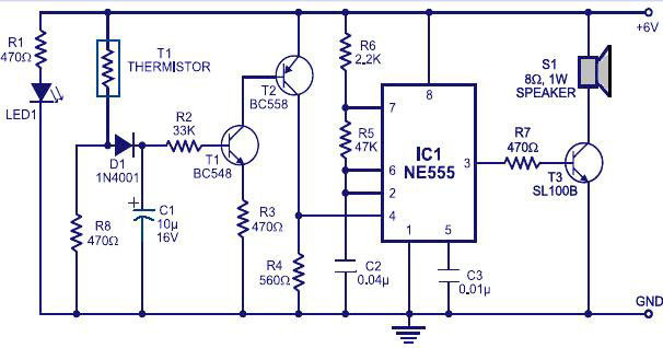 Fire alarm Circuit using NE555 IC & Thermistor
